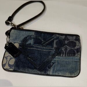 Coach Poppy Denim Blue Jean Patchwork Wristlet with Heart Design